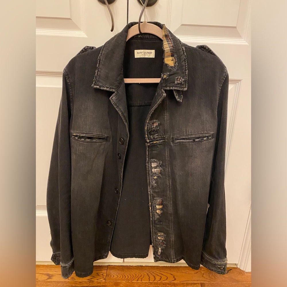 Saint Laurent distressed army military jacket denim shirt